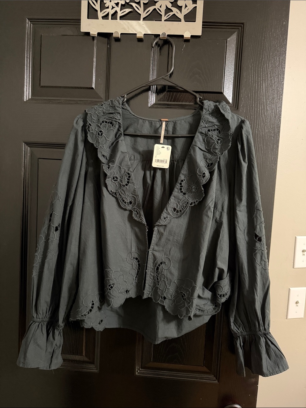 Free People Dark Charcoal Embroidered Ruffle-Trim Blouse